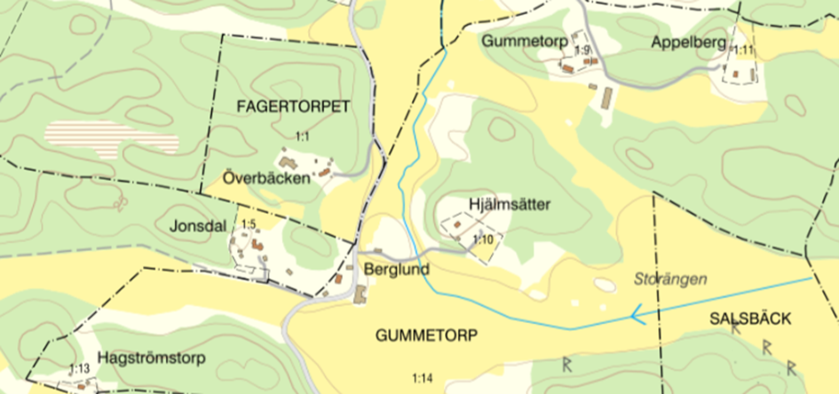 Lantmäteriets karta över Gummetorps ägor.