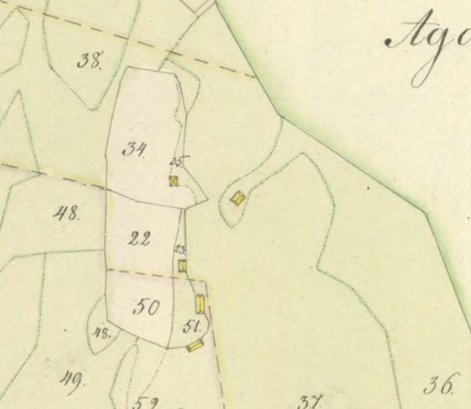 Karta från delningen av Österskogen 1823 visar torpbebyggelse där Gummetorp och Granebo möts.